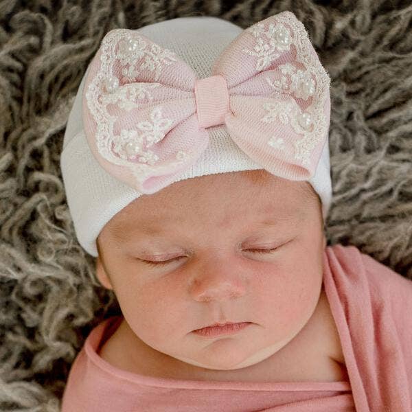 Ilybean White Newborn Hospital Hat Pearl and Lace Trim