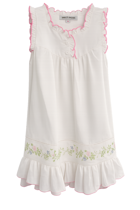 White Gown With Rose Vine Print At Bottom