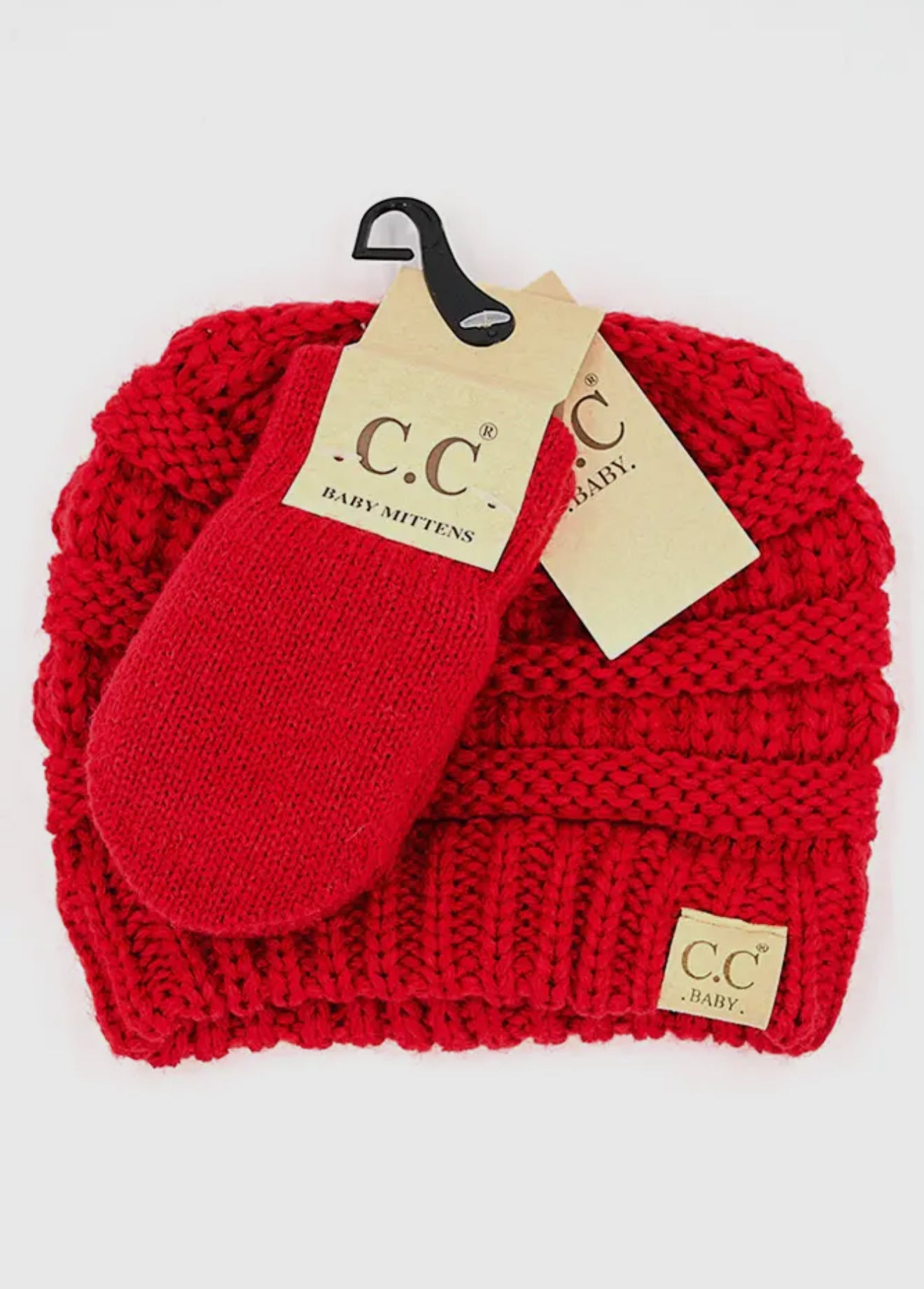 C.C Baby Solid Ribbed Pom Beanie and Mitten Set