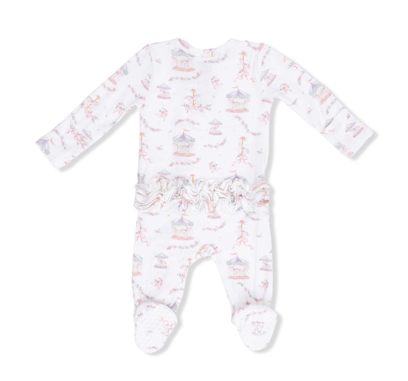Carousel With Bows Ruffle Back 2 Way Zipper Footie