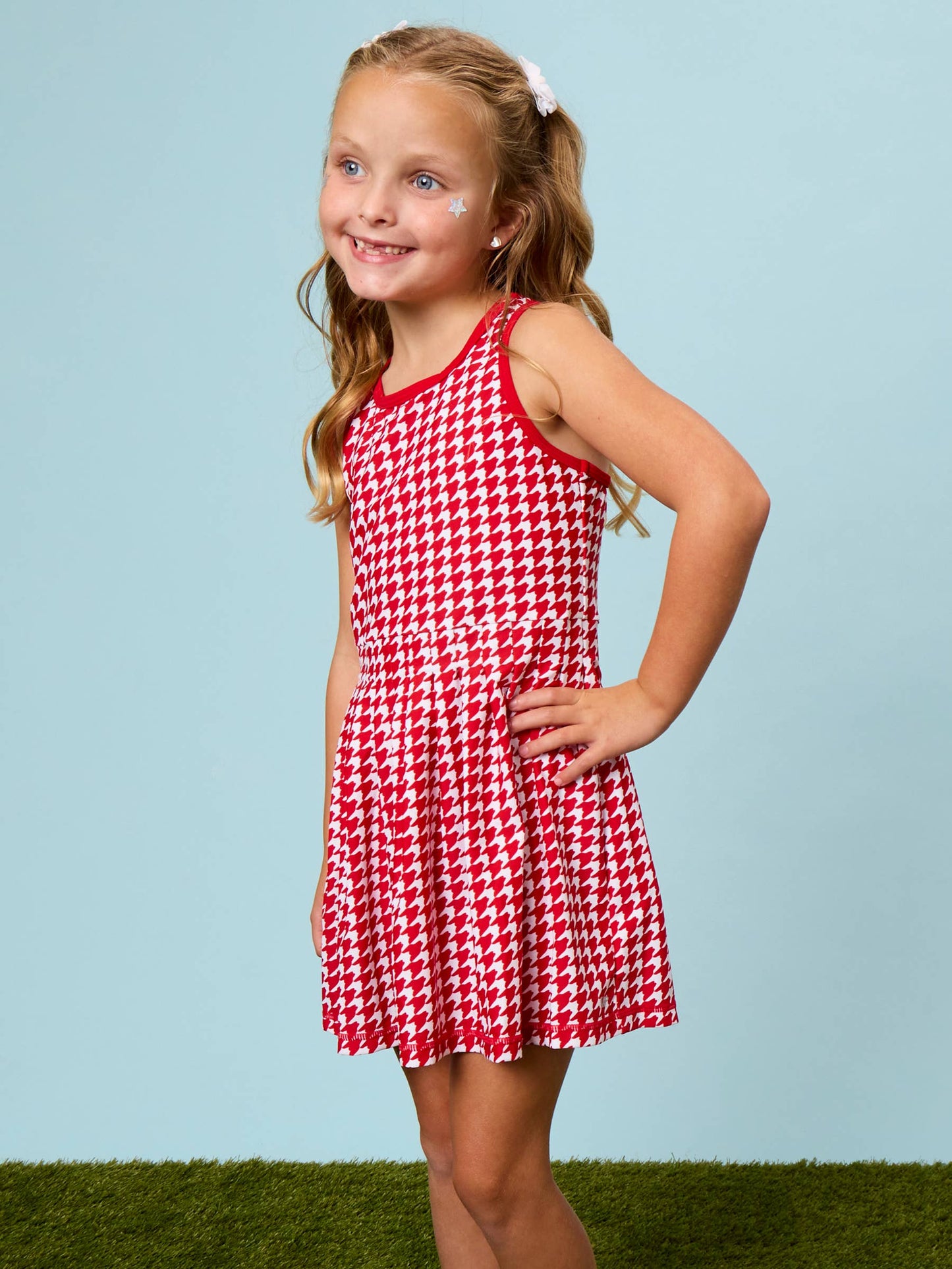 Girls Varsity Red Houndstooth Pleated Skirt Active Dress & Bike Short Set
