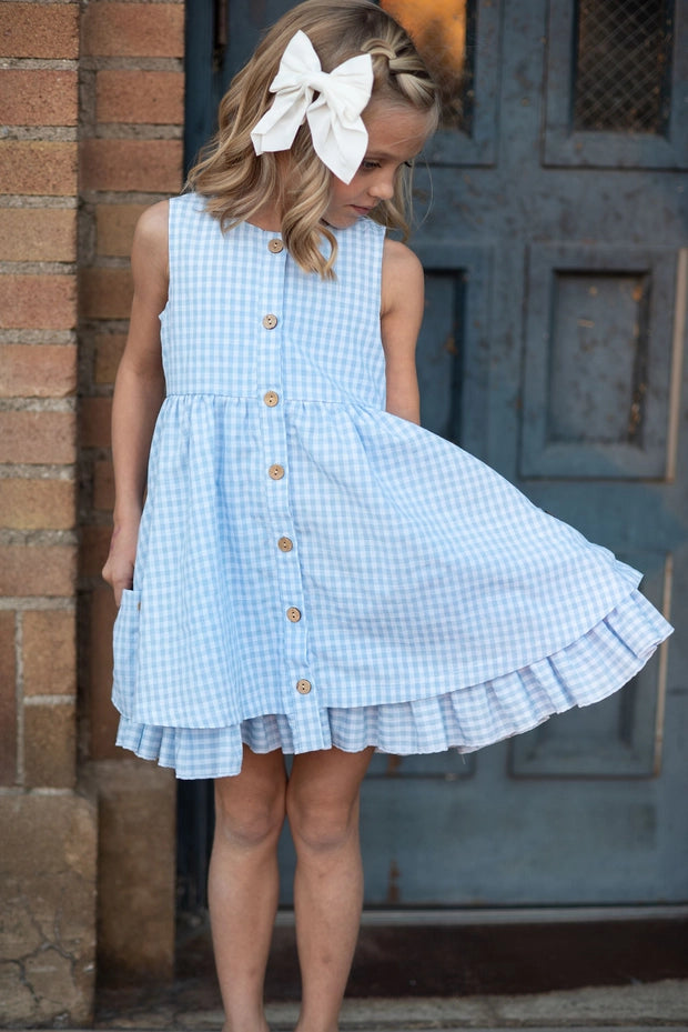Blue & White Gingham Check Pocket Ruffle Spring Dress