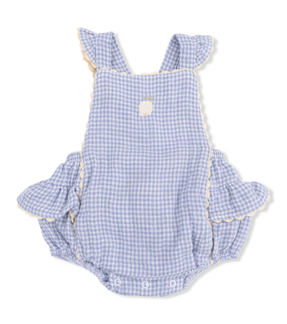 Micro Gingham Blue Blizzard Ric Rac Ruffle Sunsuit