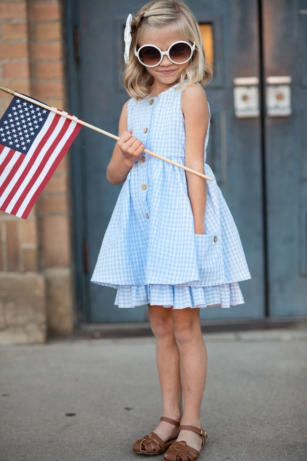 Blue & White Gingham Check Pocket Ruffle Spring Dress
