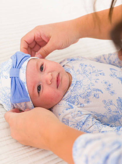 SoftSnooze™ Baby Girls Bamboo Viscose Periwinkle Butterfly Garden Ruffle Knotted Sleep Gown & Bow Hat Set