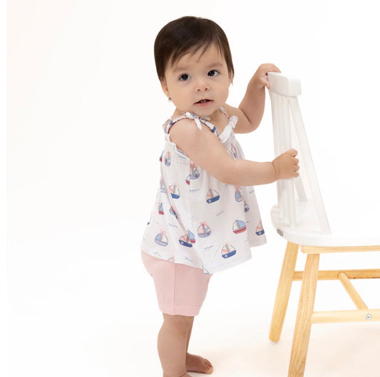 Bubbly Sailboats Pink Smocked Top And Bike Short Set