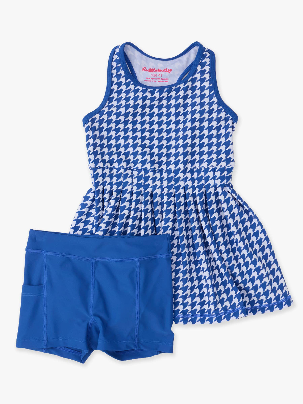Girls Varsity Blue Houndstooth Pleated Skirt Active Dress & Bike Short Set