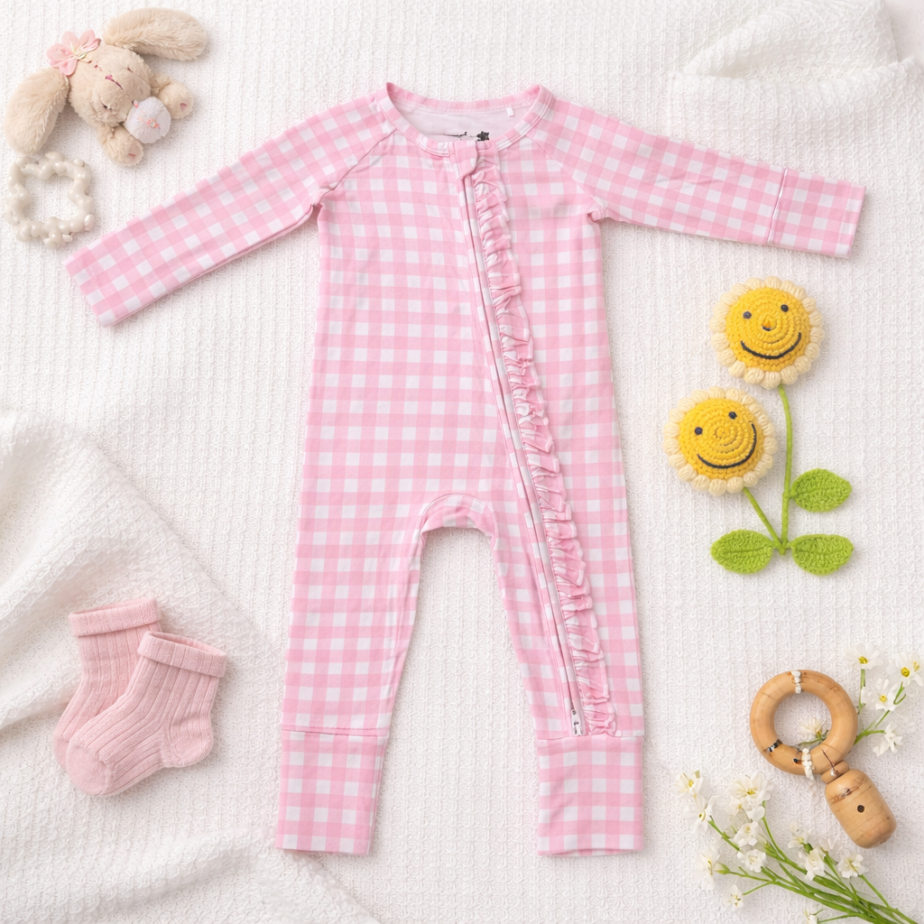 Pink Gingham 2way Zip Romper