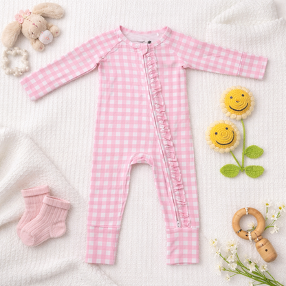 Pink Gingham 2way Zip Romper