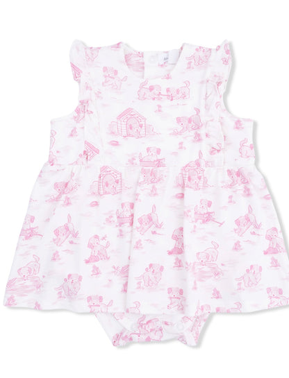Puppy Toile Pink Ruffle Bodysuit Dress