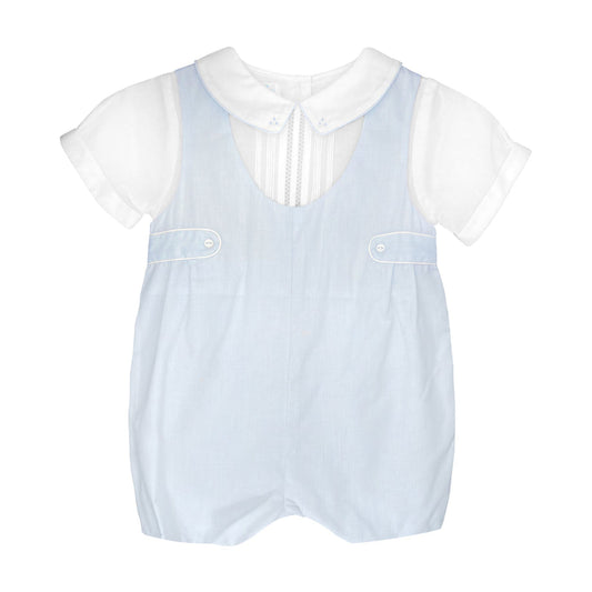 Embroidered Blue Romper with Sidetabs and Pin Tucks