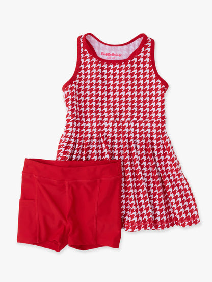 Girls Varsity Red Houndstooth Pleated Skirt Active Dress & Bike Short Set