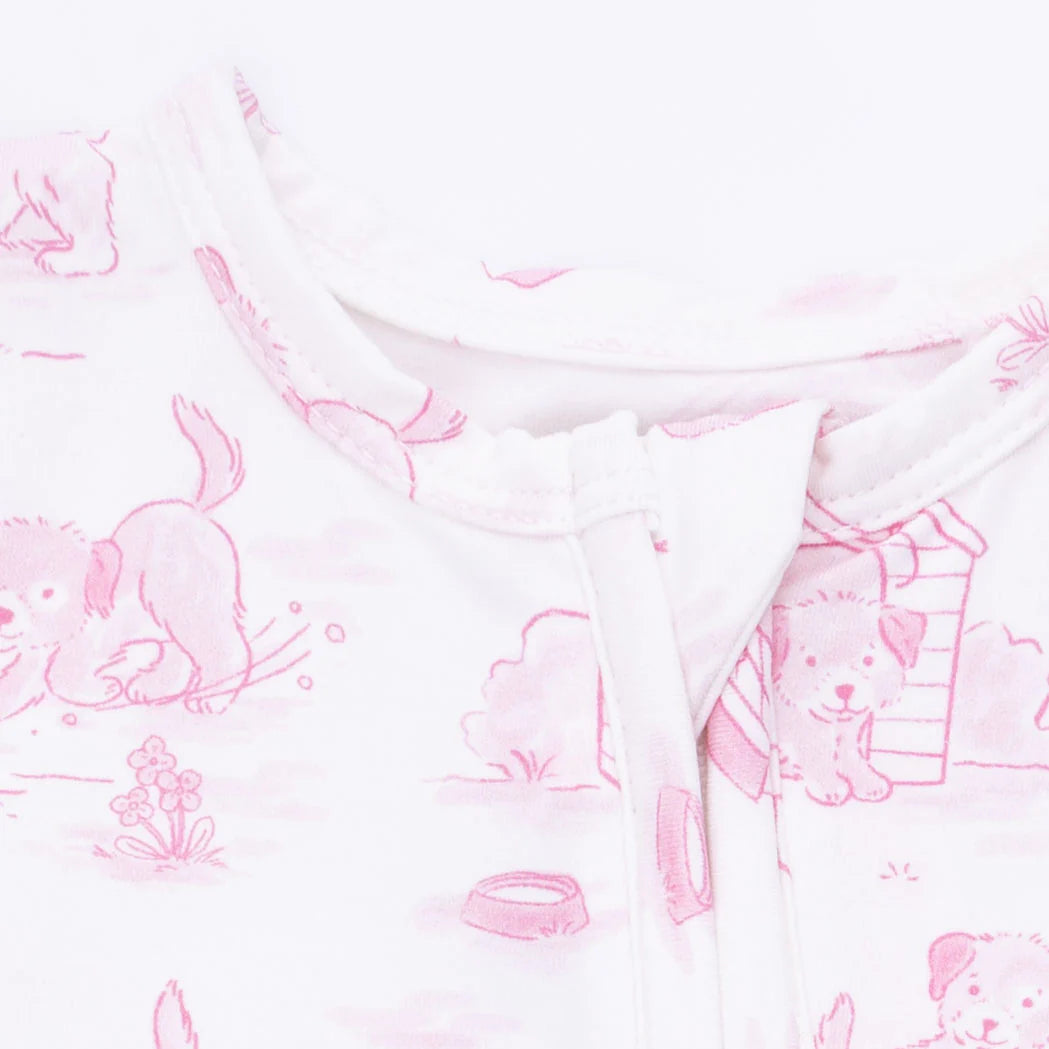 Puppy Pink Toile Ruffle Footie