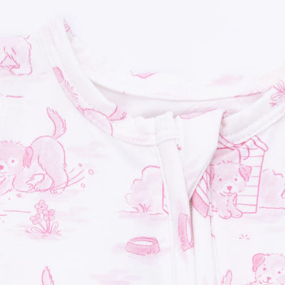 Puppy Pink Toile Ruffle Footie
