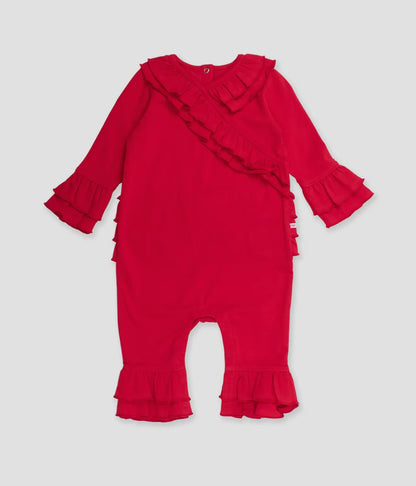 Red Knit Long Sleeve Flare Ruffle Romper