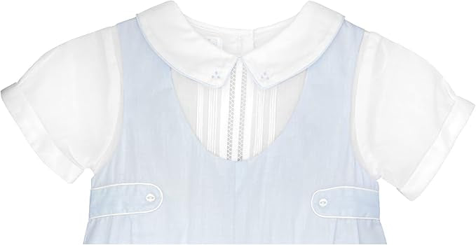 Embroidered Blue Romper with Sidetabs and Pin Tucks
