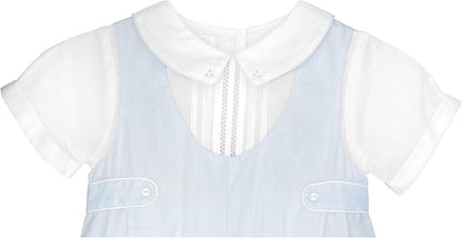 Embroidered Blue Romper with Sidetabs and Pin Tucks