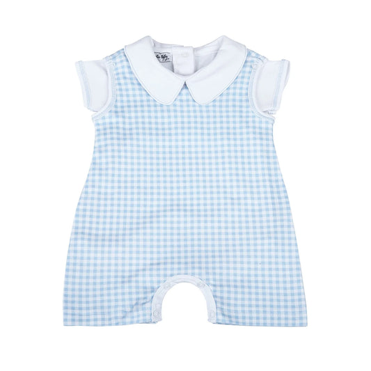 Mini Blue Check Romper with Peter Pan Shirt