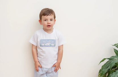 Blue Seersucker Bunnies Smocked Shirt and Boy Short Set
