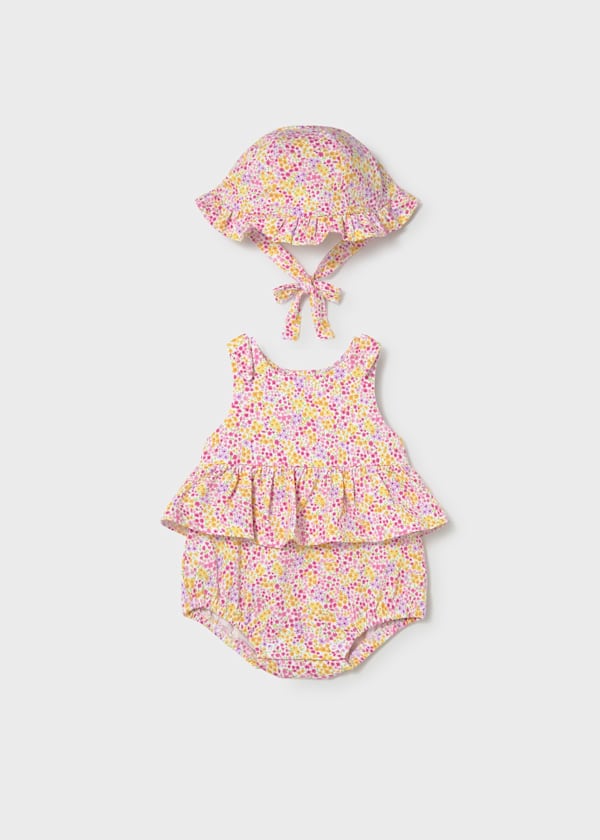 Newborn Girl Floral Printed Romper With Hat Set