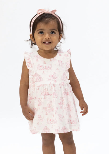 Puppy Toile Pink Ruffle Bodysuit Dress