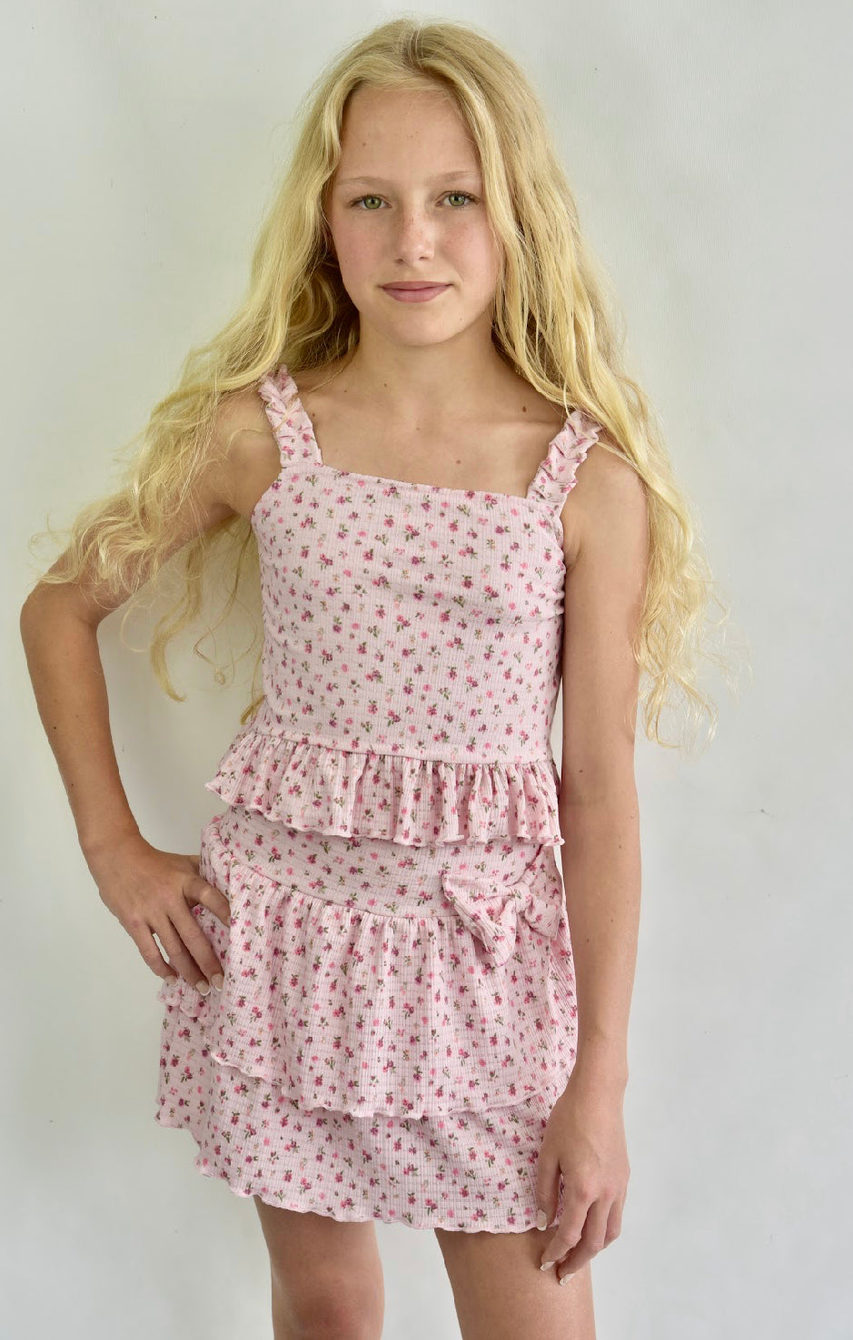 Light Pink Floral Pointelle Top & Skirt