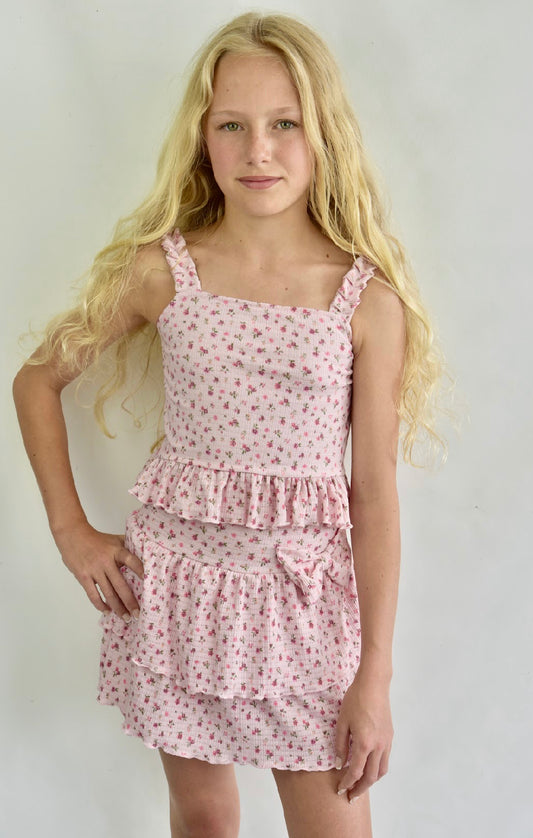 Light Pink Floral Pointelle Top & Skirt