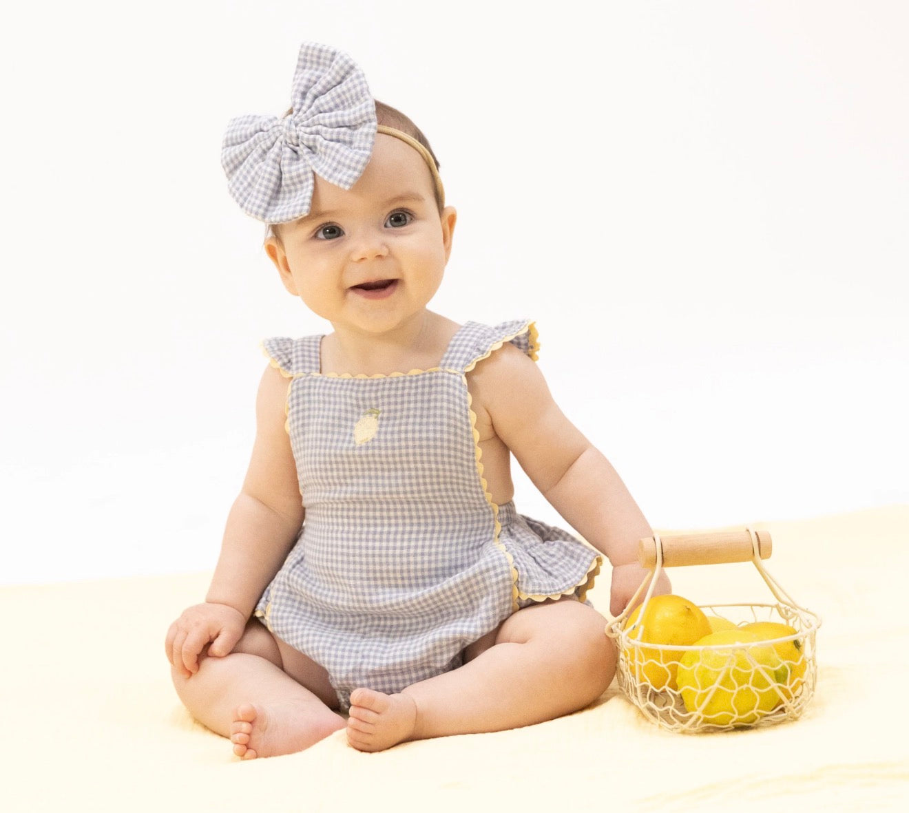 Micro Gingham Blue Blizzard Ric Rac Ruffle Sunsuit