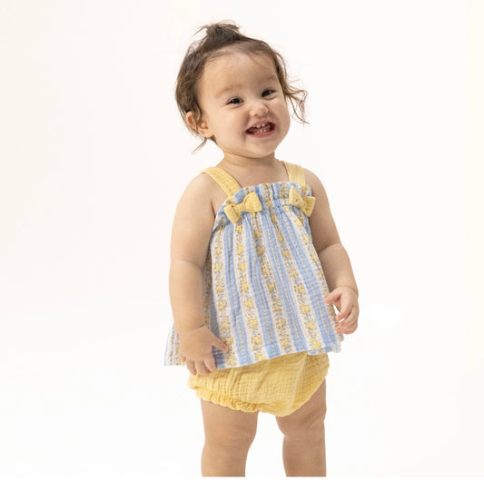 Odalys Floral Stripe-Top with Bows and Ruffle Leg Bloomer