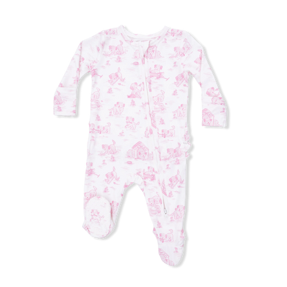 Puppy Pink Toile Ruffle Footie