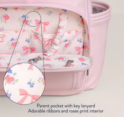 Boss Plus Backpack Diaper Bag with Pink Ribbons and Roses