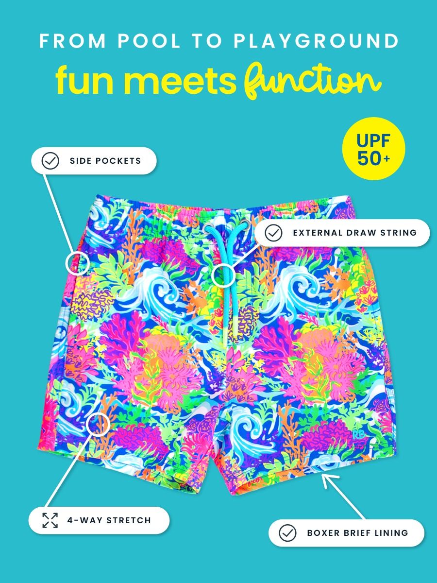 Neon Ocean Coral Stretch Swim Trunks