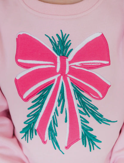 Pink Mistletoe Bow Appliqué Flutter Sweatshirt