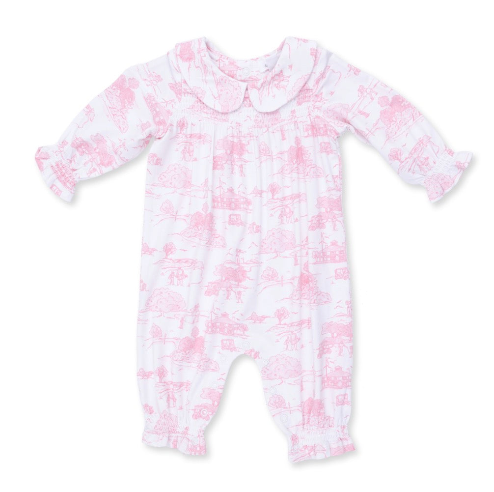 Golf Toile Pink- Smocked Long Sleeve Romper