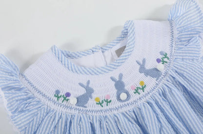 Light Blue Seersucker Easter Bunny Smocked Bishop Dress
