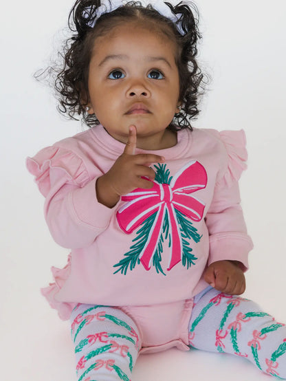 Baby Pink Mistletoe Bow Appliqué Sweatshirt Bubble Romper