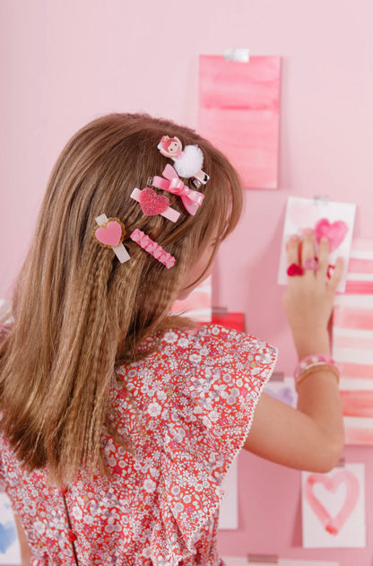 Heart and Bow Pink Satin Hair Clips