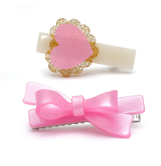 Heart and Bow Pink Satin Hair Clips