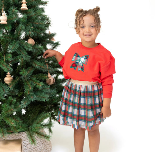 Festive And Cozy Dropsleeve Sweatshirt w/ Holiday Plaid Bow Appliqué