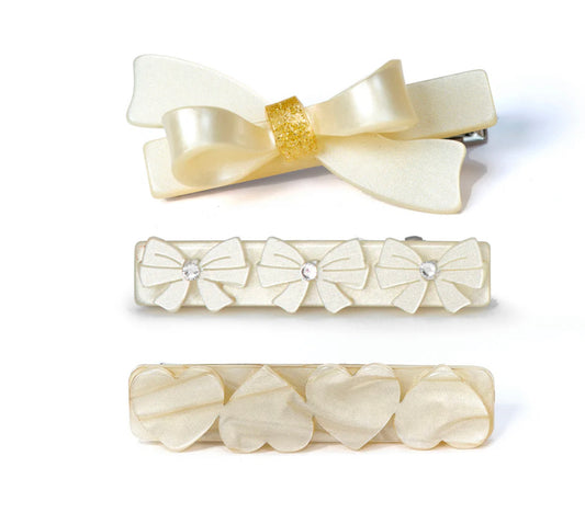 Bows and Hearts Pearl White Hair Clips