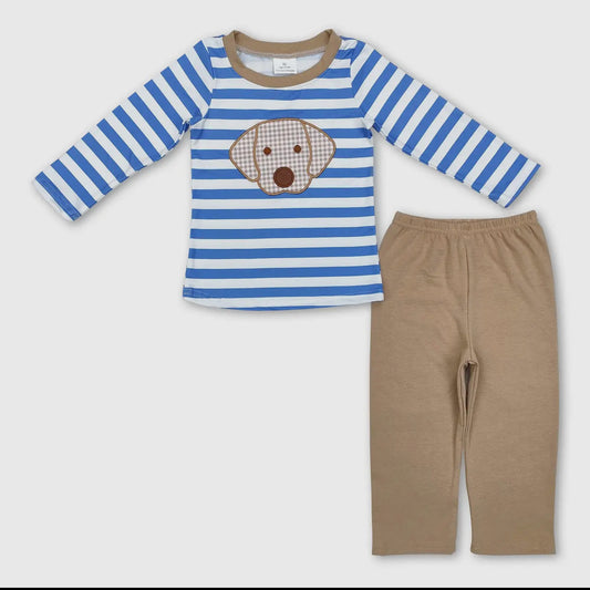 Blue and white striped shirt with puppy appliqué