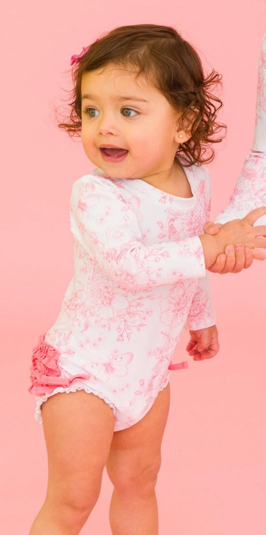 Bubblegum Pink Butterfly Garden Toile Ling Sleeve One Piece Rash Guard