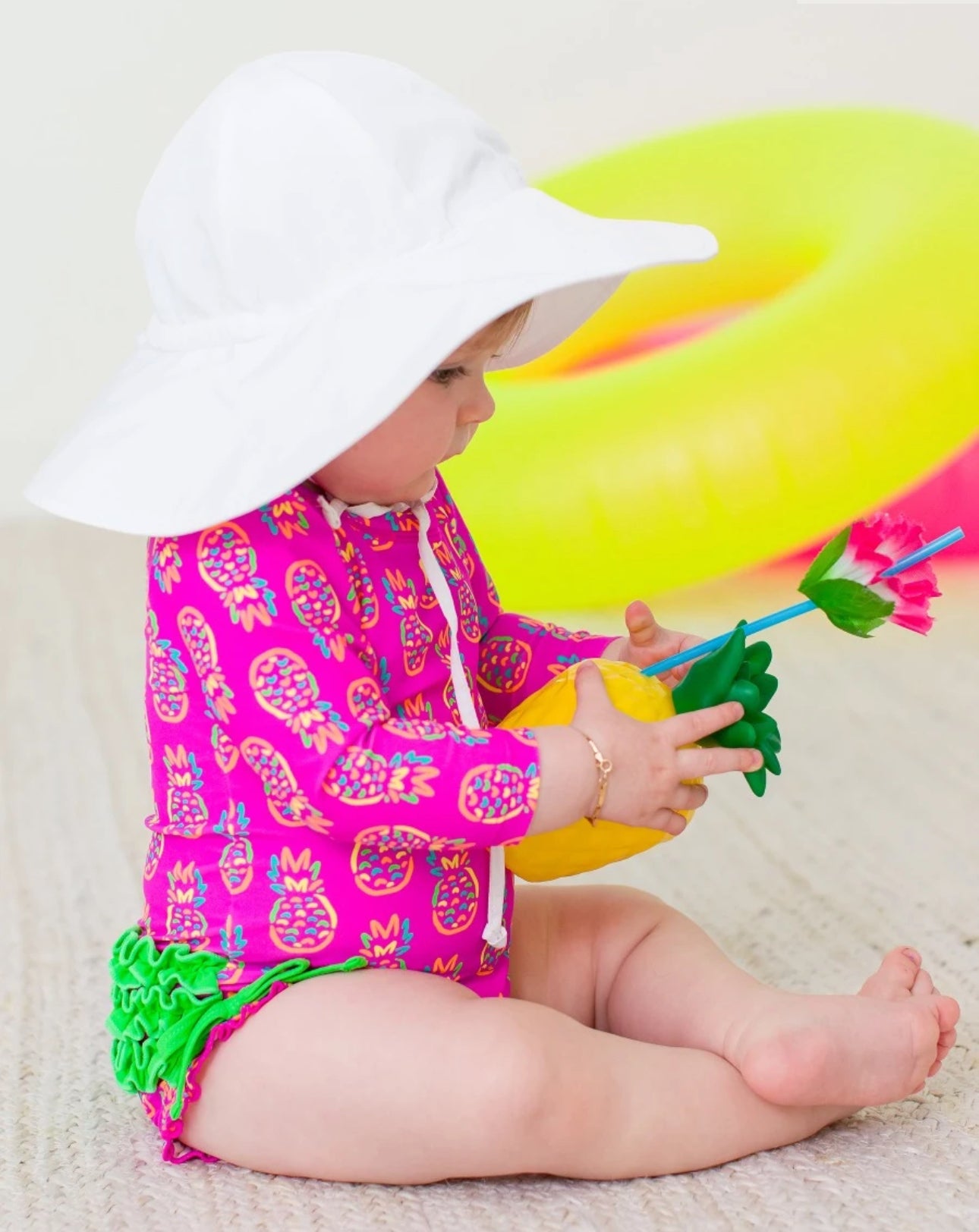 Neon Violet Pineapple Long Sleeve Rash Guard Swimsuit