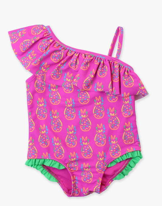 Neon Violet Pineapples One Shoulder Ruffle One Piece
