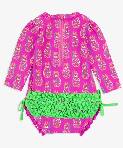Neon Violet Pineapple Long Sleeve Rash Guard Swimsuit