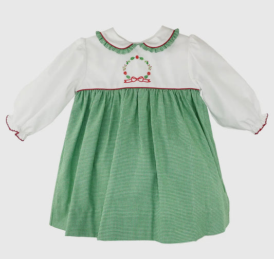 Dress with Embroidered Christmas Wreath and Red Sash