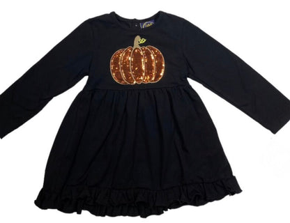 Black dress with pumpkin sequin appliqué