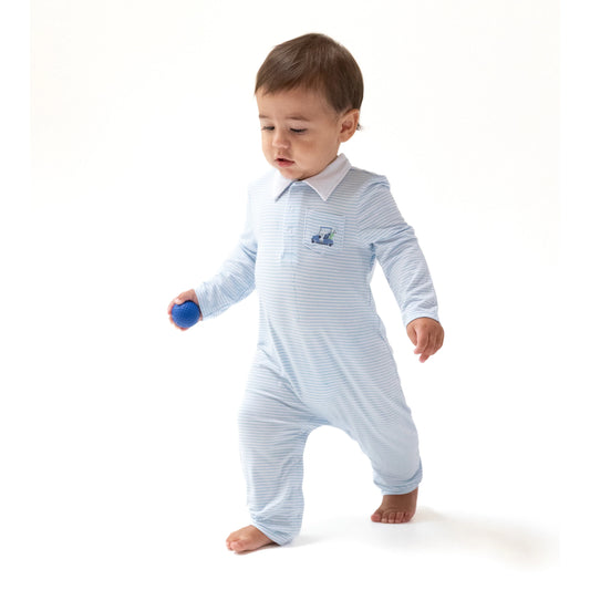 Blue Stripe Baby Golf Cart Polo Romper