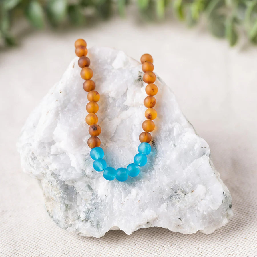 Marine Blue Sea Glass Amber Necklace