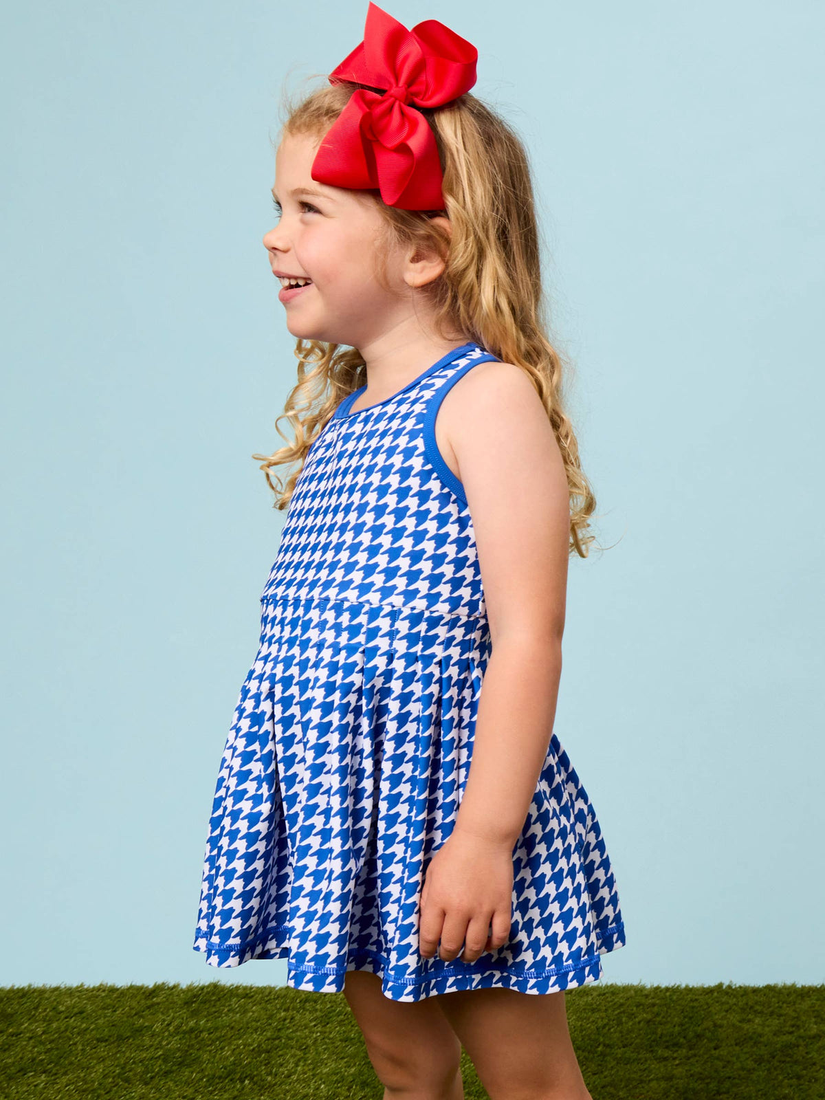 Girls Varsity Blue Houndstooth Pleated Skirt Active Dress & Bike Short Set